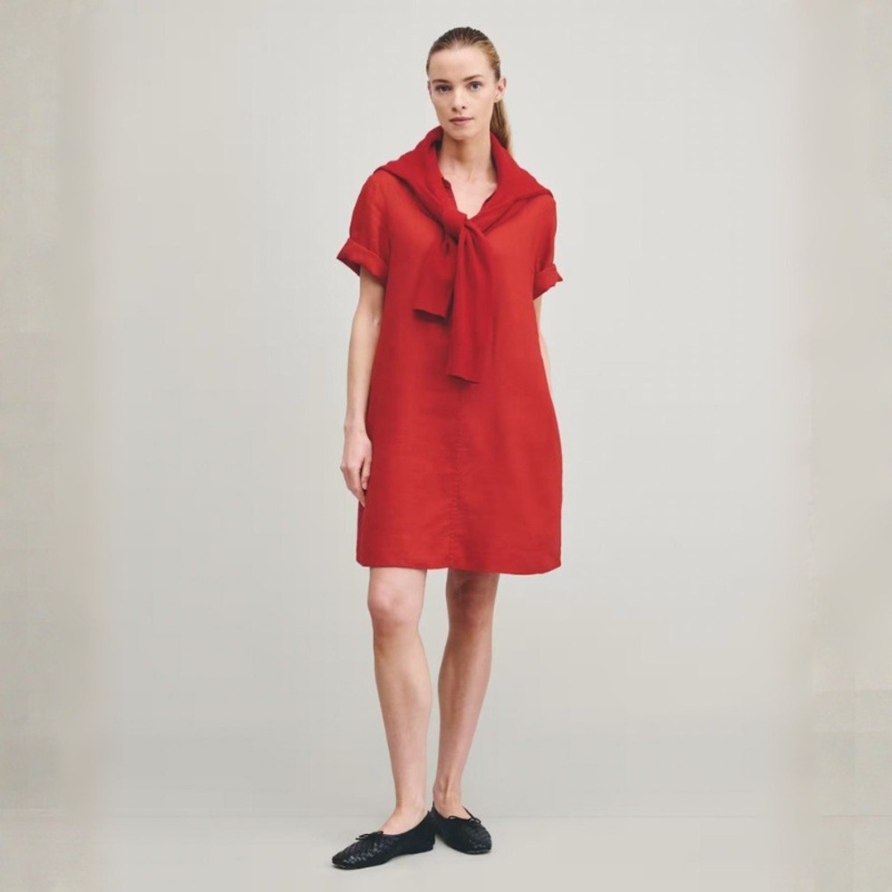 Quince 100% European Linen Popover Mini Dress Red Short Sleeve Shift Size M